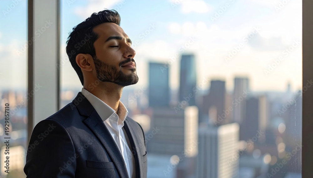 Fototapeta premium Businessman Looking Out Office Window at City 1.