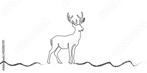 One continuous line drawing of christmas reindeer. Wild animal deer with antlers is dynamic silhouette in simple linear style. Elegance logo editable stroke. Doodle monoline vector illustration