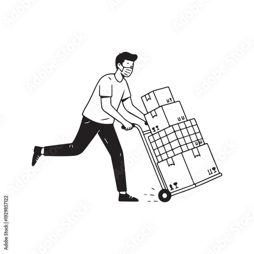 Delivery worker wearing face mask pushing hand truck loaded with boxes. Black and white line art vector illustration of logistics courier moving packages.
