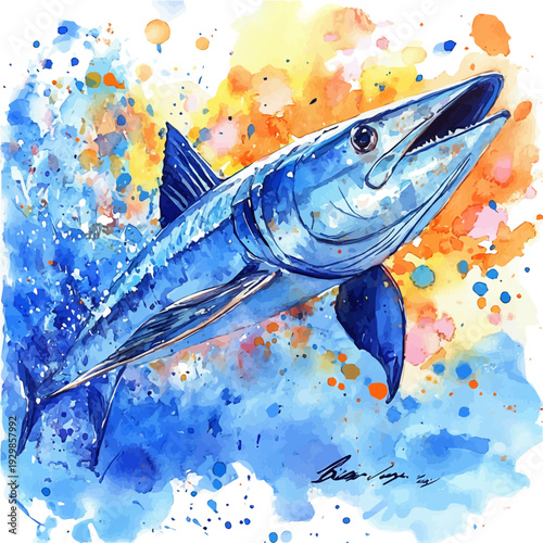Barracuda, refined watercolor illustration with luminous tones and soft layered brushwork, isolated on a white background.