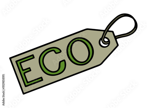 Eco tag on isolated background. Green hand drawn letters on brown recycled paper tag 