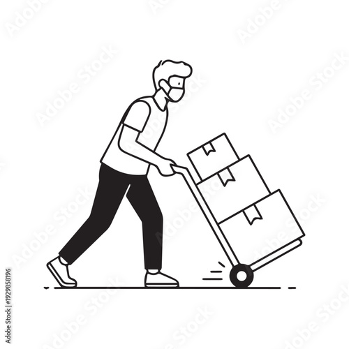 Delivery worker wearing face mask pushing hand truck loaded with boxes. Black and white line art vector illustration of logistics courier moving packages.
