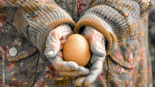 Elderly person tenderly holding a fresh egg, showcasing the care and simplicity of rural life
