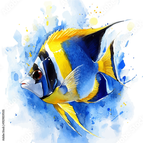 Angelfish, watercolor with intricate brush textures and gentle highlights, isolated on a white background.