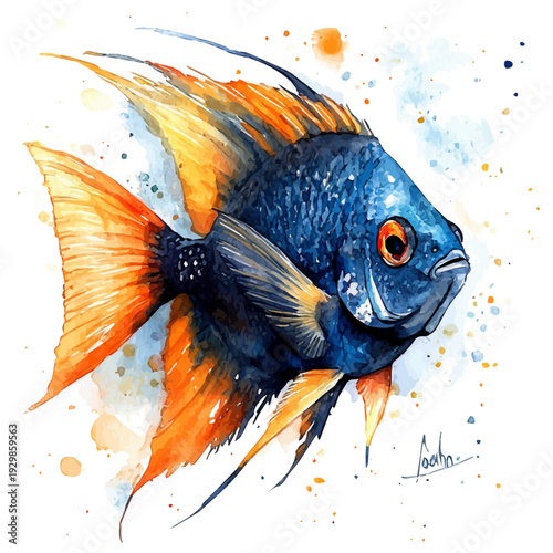 Angelfish, illustration watercolor artwork with subtle gradients and elegant contours, isolated on a white background.