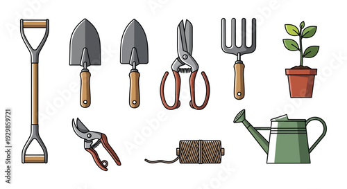 Gardening tools and equipment set with potted plant.