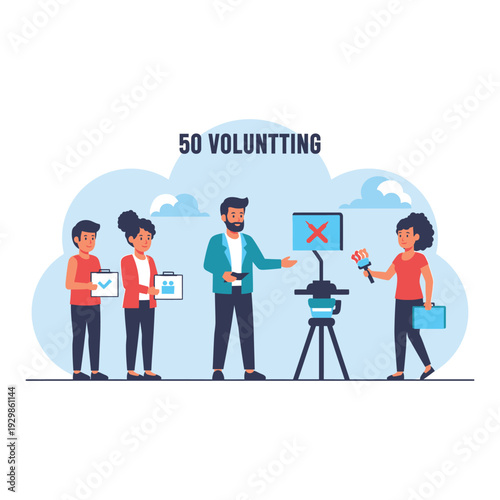 Group of people standing together with a television and microphone.