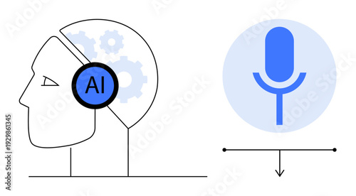 Artificial intelligence, voice recognition, technology interaction, machine learning, neural processing, innovation. Human head with AI and gears. Artificial intelligence and voice recognition