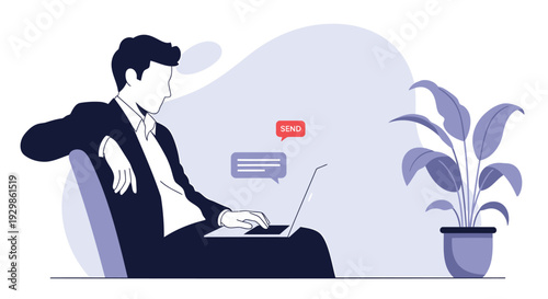 Vector illustration of businessman working on laptop with chat bubbles