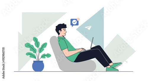 Vector illustration of a man sitting with laptop