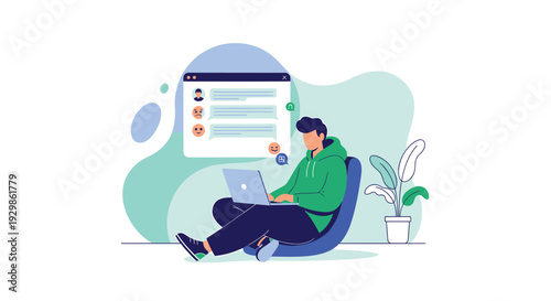 Vector illustration of a man sitting with a laptop