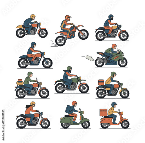 Set of outline illustrations featuring individuals on various types of motorcycles and scooters, showcasing delivery and adventure themes