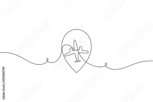Flight location marker sign icon continuous one line drawing on white background minimal destination symbol outline vector illustration