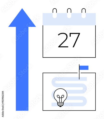 Timeline planning. Calendar date, upward arrow, and task roadmap timeline planning efficiency. Effective timeline planning enhances goal setting, project tracking, and productivity. For business