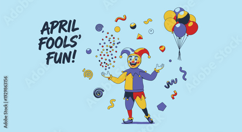 Vector illustration of jester with balloons and confetti