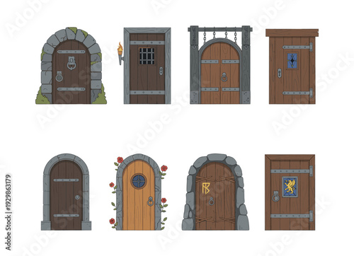 Collection of old wooden doors with stone frames, bars, torches, and chains, depicting different fantasy gate designs