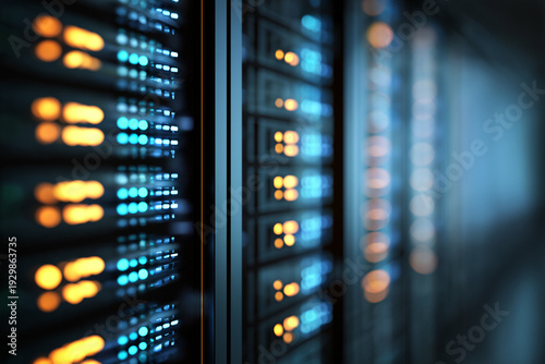 Bright blue and orange lights glow on modern server racks.