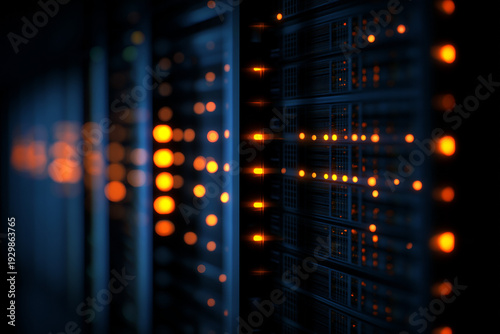 Glowing orange lights illuminate complex server racks in a data center.