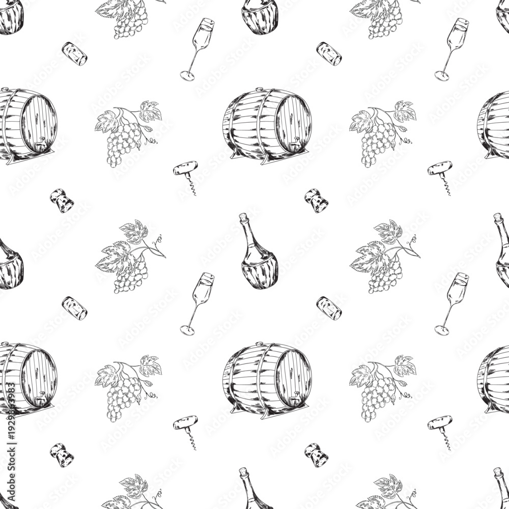 Fototapeta premium Seamless wine pattern with hand drawn vineyard, bottles, barrel, corkscrew and glasses in vintage engraving style. Monochrome winery repeat background for textile, wrapping paper and packaging design.