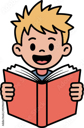 A happy cartoon boy reading a large red book with a big smile on his face