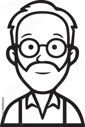 Hand Drawn Old Man Black and White Avatar Illustration in Minimal Line Art Style Design