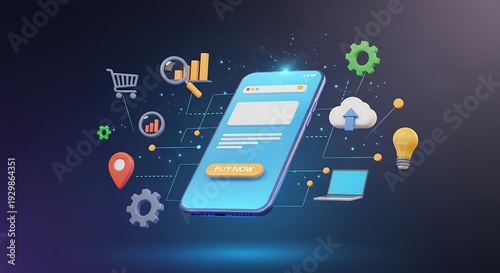 A 3D smartphone with a 'Buy Now' button is surrounded by e-commerce icons.