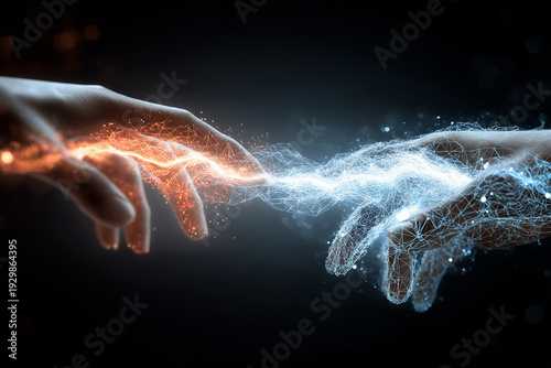 Two hands connect with glowing digital energy sparks flowing between them.