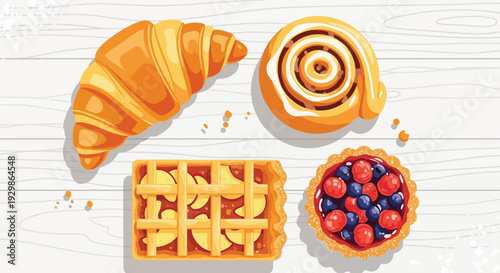 Assorted pastries and fruit tart on wooden background.