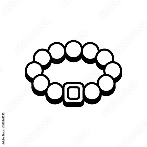 A simple black and white illustration of a beaded bracelet with a square clasp on a plain background