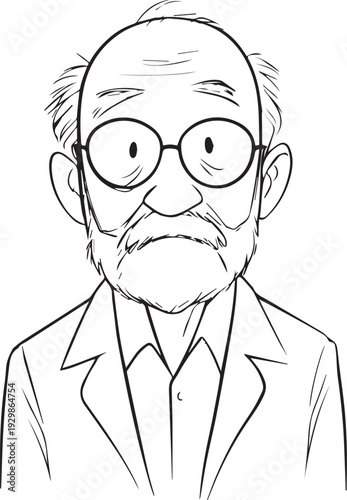 Hand Drawn Old Man Black and White Avatar Illustration in Minimal Line Art Style Design