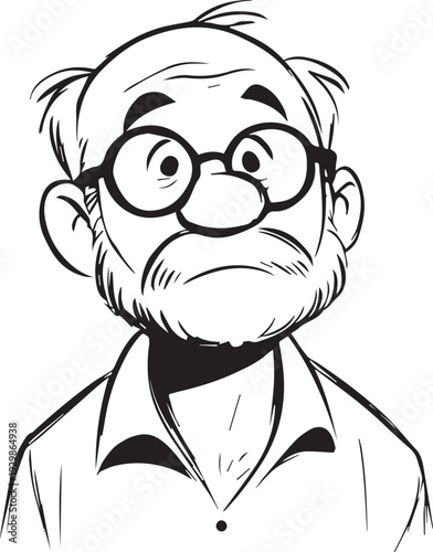 Hand Drawn Old Man Black and White Avatar Illustration in Minimal Line Art Style Design