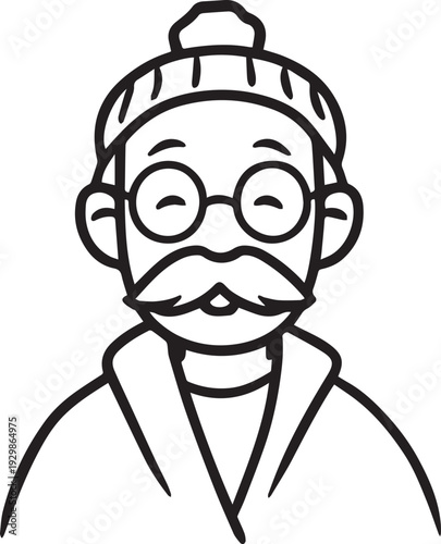 Hand Drawn Old Man Black and White Avatar Illustration in Minimal Line Art Style Design