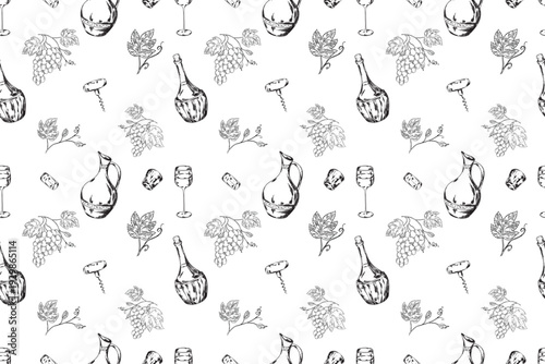 Seamless wine pattern with hand drawn vineyard, bottles, barrel, corkscrew and glasses in vintage engraving style. Monochrome winery repeat background for textile, wrapping paper and packaging design.