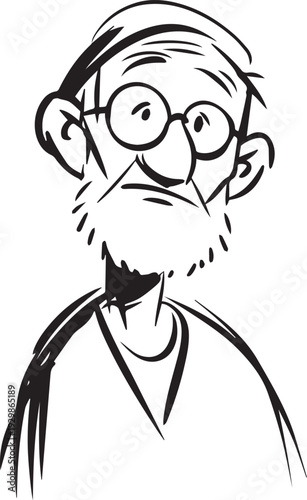 Hand Drawn Old Man Black and White Avatar Illustration in Minimal Line Art Style Design