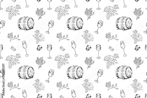 Seamless wine pattern with hand drawn vineyard, bottles, barrel, corkscrew and glasses in vintage engraving style. Monochrome winery repeat background for textile, wrapping paper and packaging design.