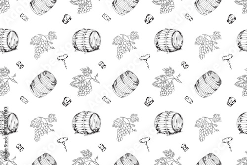 Seamless wine pattern with hand drawn vineyard, bottles, barrel, corkscrew and glasses in vintage engraving style. Monochrome winery repeat background for textile, wrapping paper and packaging design.