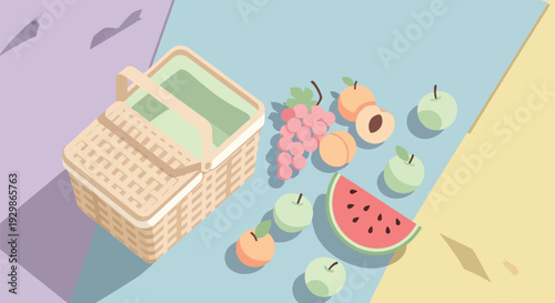 Picnic basket with fresh fruits on a colorful background.
