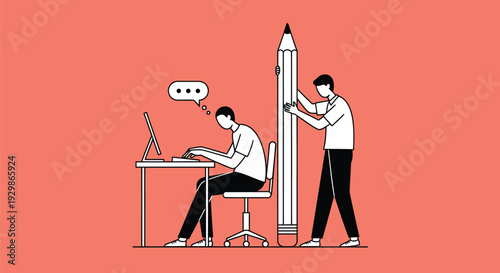Vector illustration of two people working with a giant pencil
