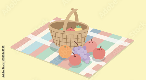 Colorful picnic setup with basket and fresh fruits on a blanket.