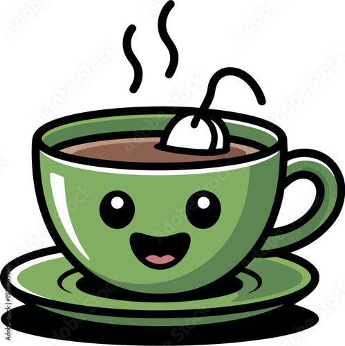 A cartoon green tea cup with a smiling face and marshmallow on top of hot chocolate
