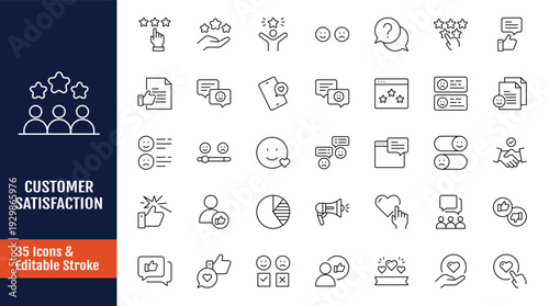 Customer satisfaction icon set. Icons related to feedback, reviews, ratings, trust, survey, emotions, and support and more. Outline icon with Editable stroke. Vector illustration