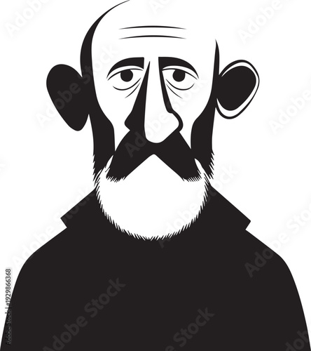 Hand Drawn Old Man Black and White Avatar Illustration in Minimal Line Art Style Design