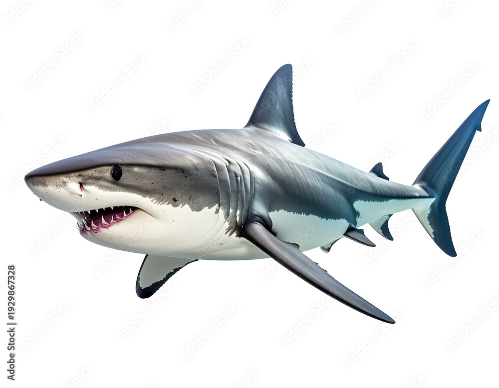 Obraz premium Shark in mid-swim with open jaws and sharp teeth, detailed gray-blue skin and streamlined body