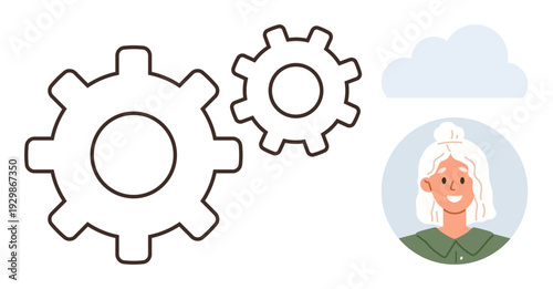 Technology, collaboration, cloud computing, innovation, workforce, online tools. Two gears, a smiling individual portrait and a cloud illustration. Technology and collaboration concepts