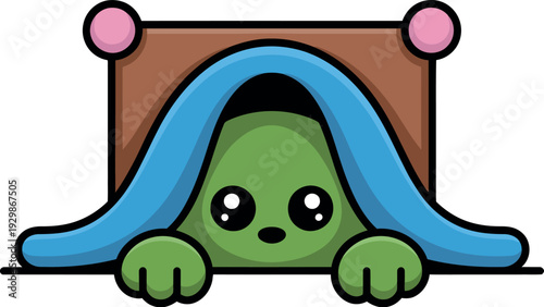 A cartoon green monster peeking out from under a blue blanket on a brown bed with pink pillows.