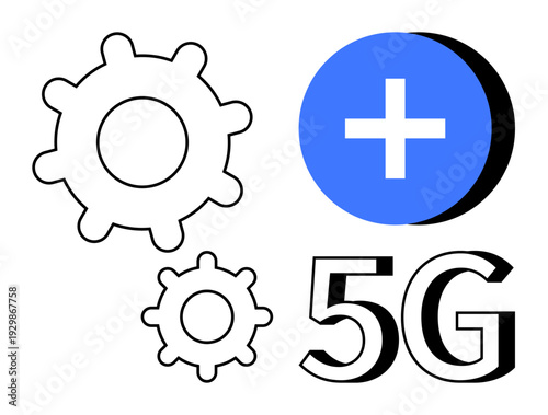 Connectivity concepts. Connectivity reflected with 5G text, gears technology advancement, and a blue cross icon. Connectivity for future tech, networks, automation, healthcare, and communication