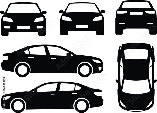 Vector Collection of Black Car Silhouettes Showing Front Side Back and Top View Perspectives Isolated on White Background for Automotive Design