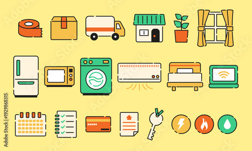新生活アイコンセット｜引っ越し・一人暮らし準備のシンプルベクター素材