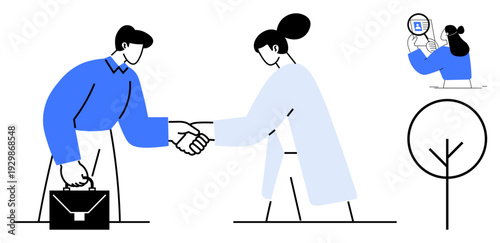 Business concept. Business professionals engaging in partnership through handshake and related elements. Business deals, professional networking, teamwork, collaboration, communication