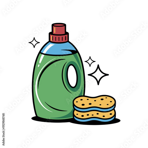 A cartoon illustration of a green laundry detergent bottle with a red cap and two cookies